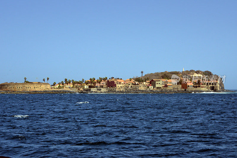 Gorée Island seen from the ocean - west coast, Estrées Fort on the left and castle hill on the right (Castel), Dakar, Senegal